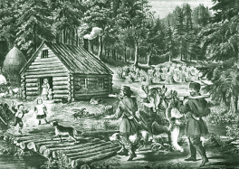 pioneer family at log cabin